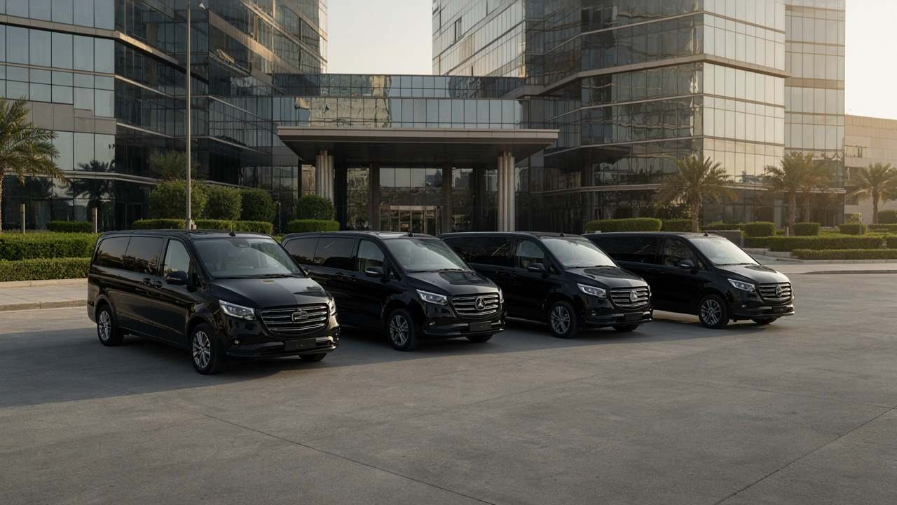 Four black luxury passenger vans parked outside a modern Dubai office building