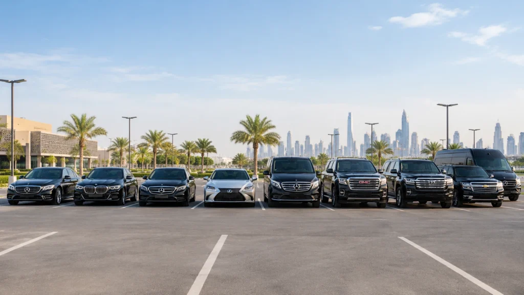 Luxury chauffeur car fleet parked in a row in Dubai