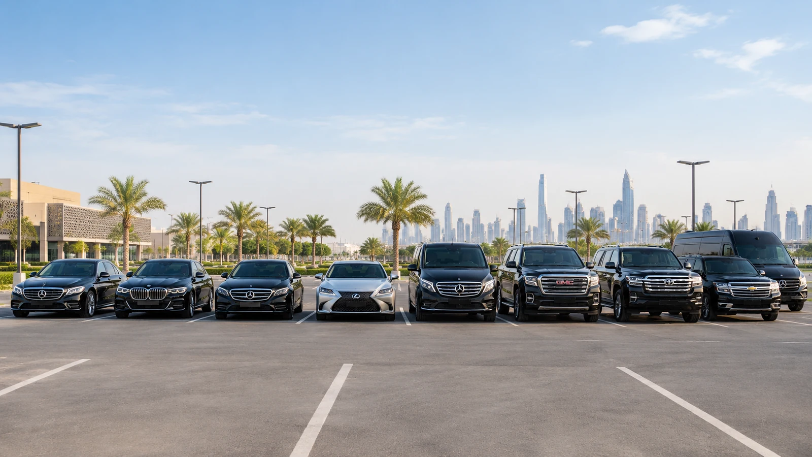 Luxury chauffeur car fleet parked in a row in Dubai