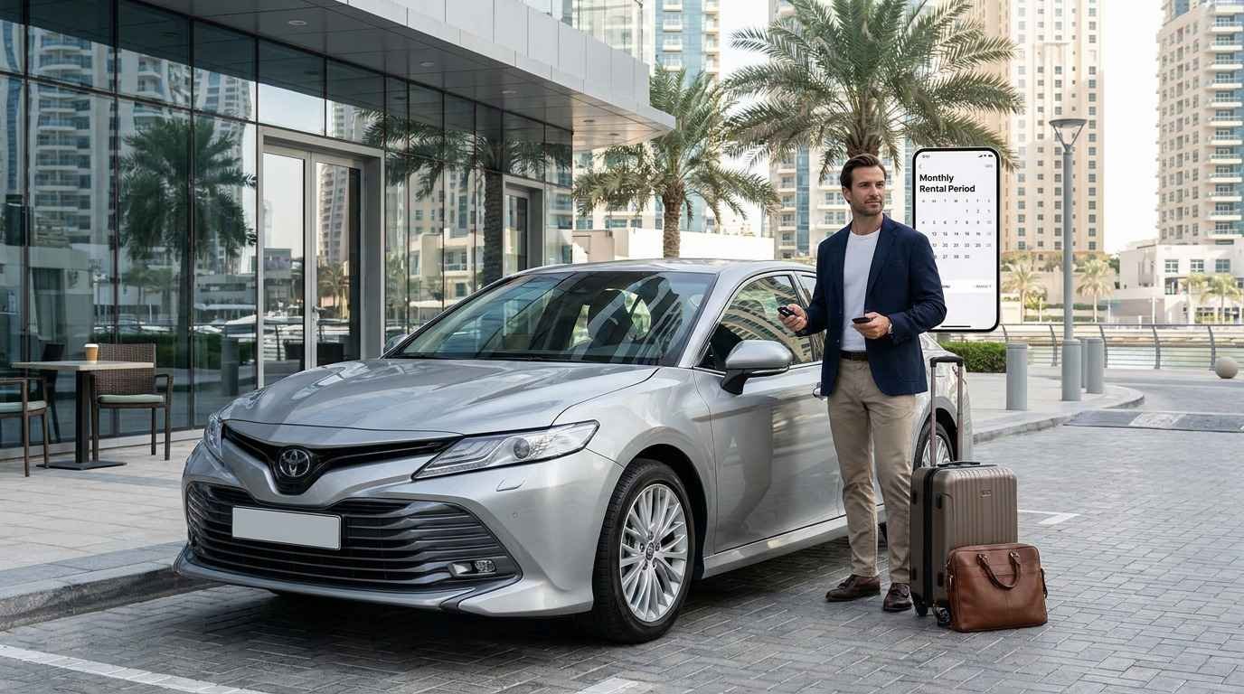 Silver Toyota Camry monthly rental car parked outside a Dubai Marina apartment, with a long-term visitor holding car keys and a rental booking smartphone.