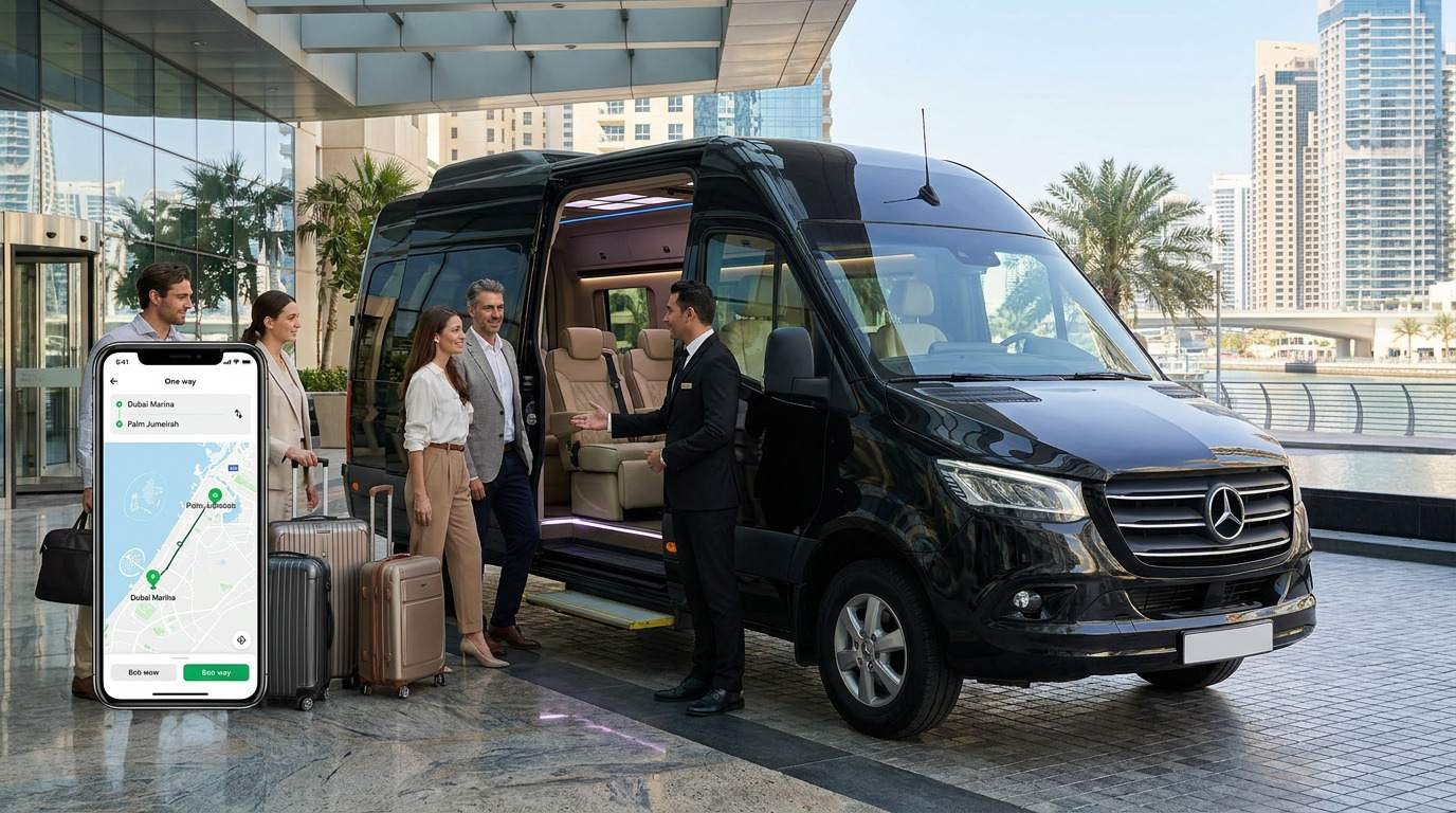 Luxury Mercedes-Benz Sprinter passenger van with a professional driver helping travelers with luggage outside a Dubai Marina hotel for a one-way transfer.