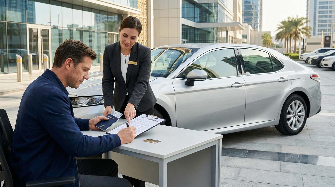 Traveller reviewing car rental documents beside a sedan in Dubai