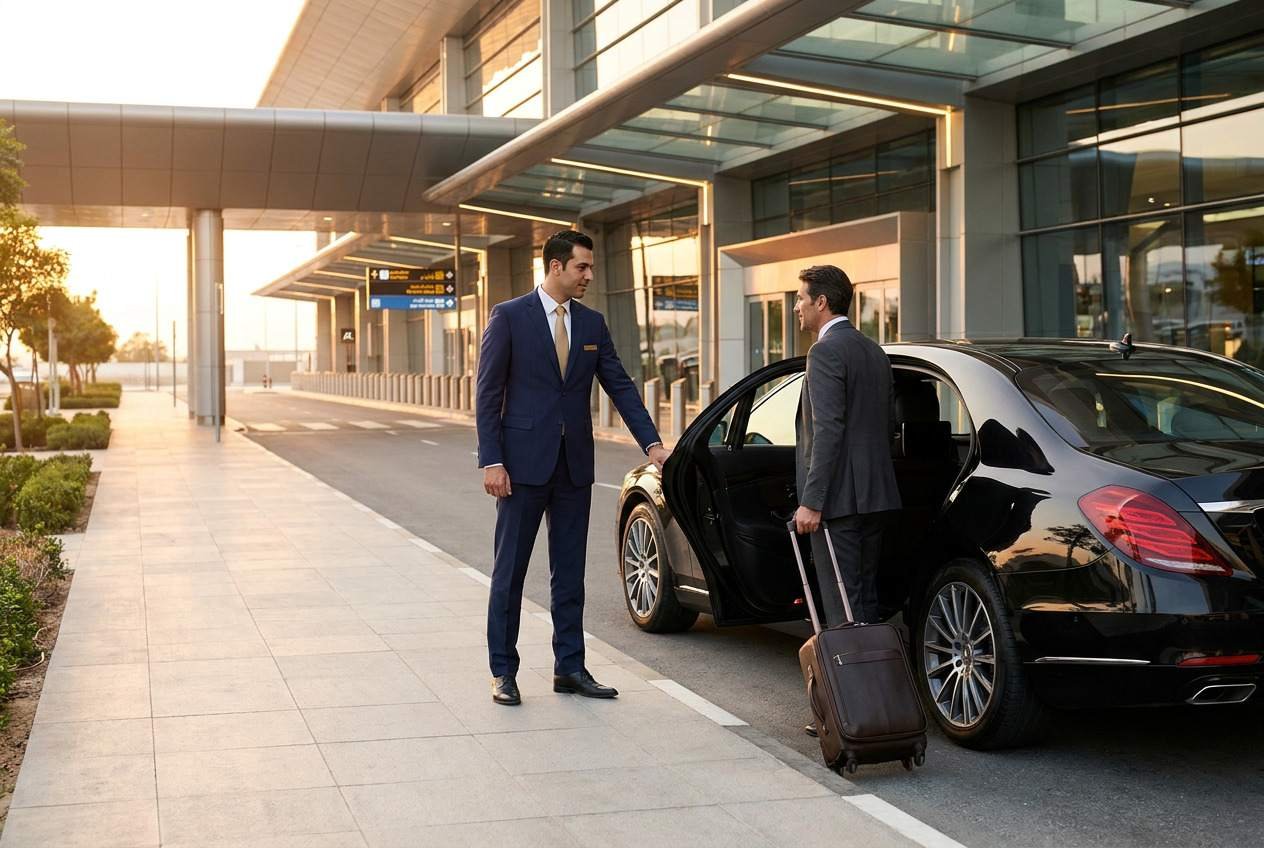 Chauffeur opening a luxury sedan door for a passenger at an airport terminal