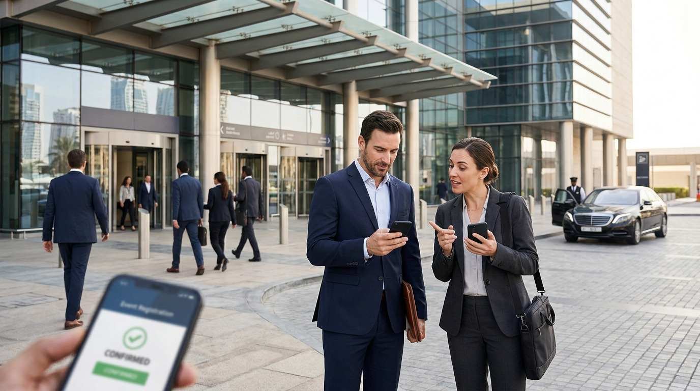 Business attendee checking event details outside a Dubai exhibition venue