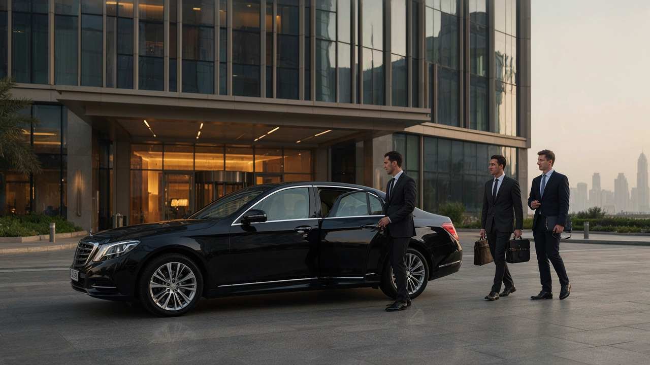 Chauffeur welcoming VIP business delegates beside a black executive sedan in Dubai