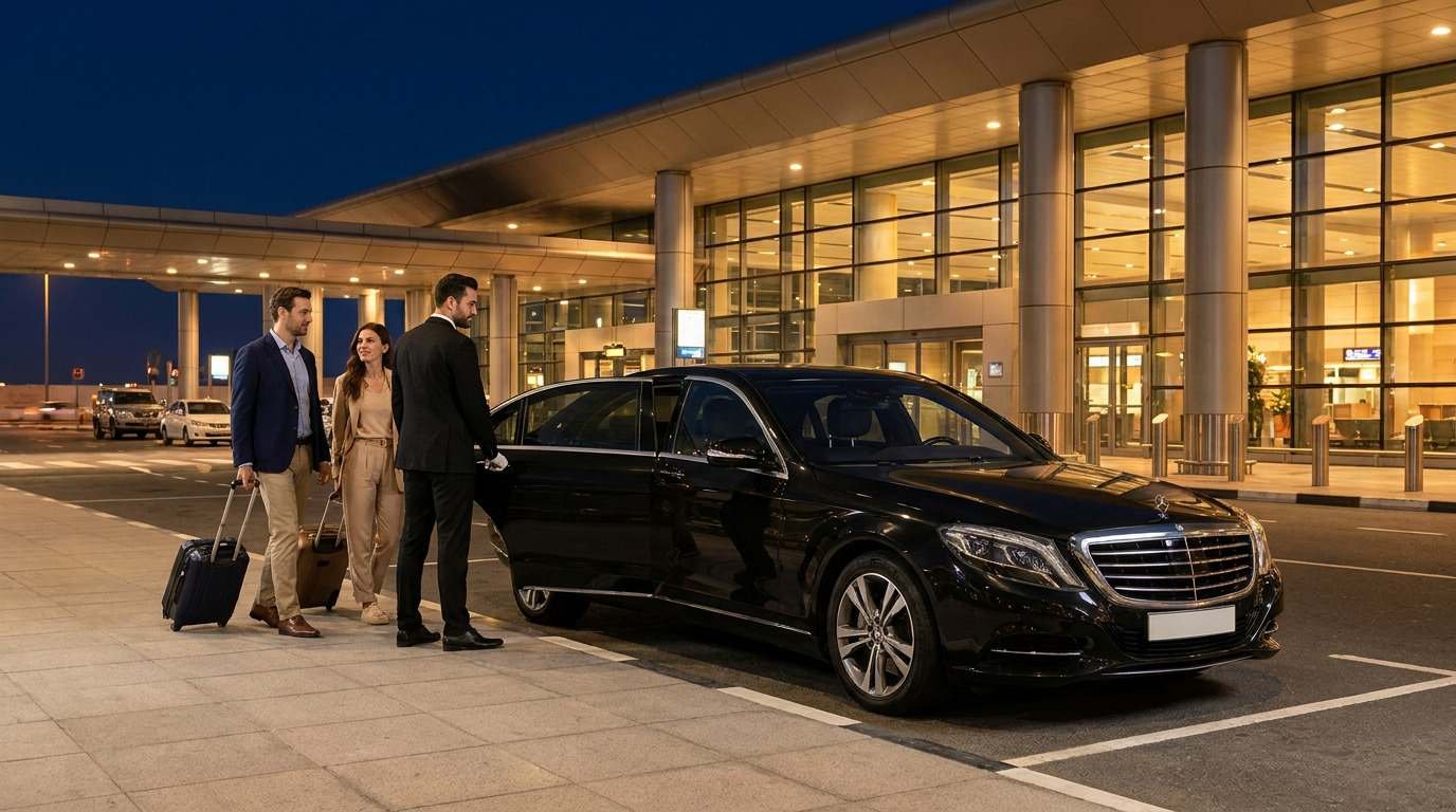 Chauffeur welcoming late-night passengers beside a black luxury car at Dubai International Airport