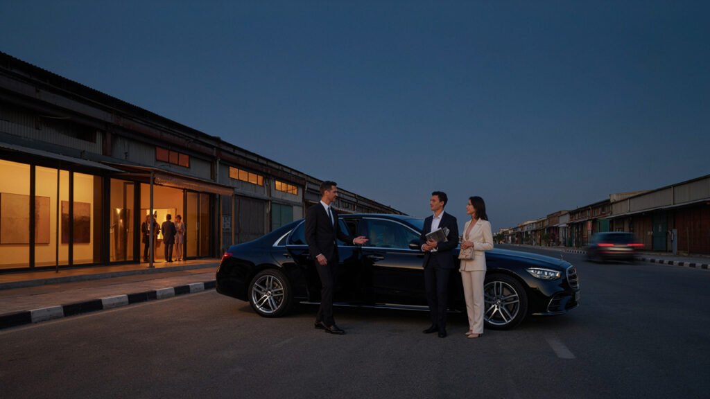 Chauffeur welcoming art gallery visitors beside a black luxury sedan in Dubai's Alserkal Avenue