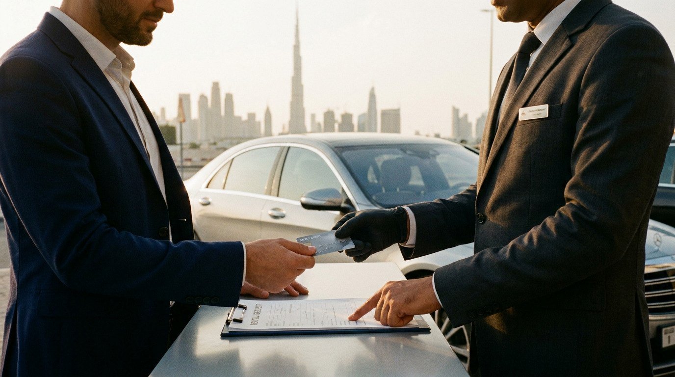 Customer discussing Dubai car rental without a credit card, debit card payment options, and security deposit rules with a rental agent beside a luxury car.