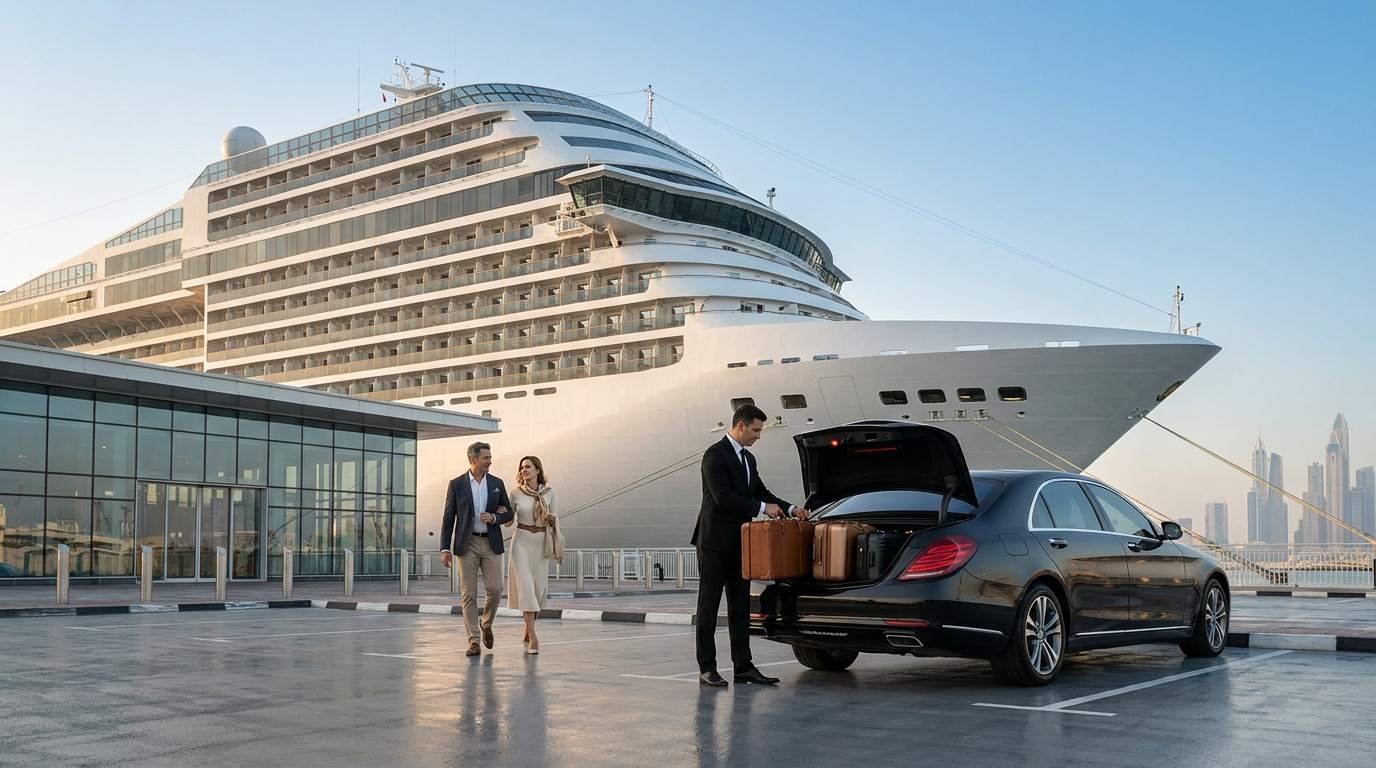 Luxury chauffeur pickup at Dubai cruise port featuring a black Mercedes-Benz, arriving cruise passengers with luggage, and a large cruise ship at the terminal.