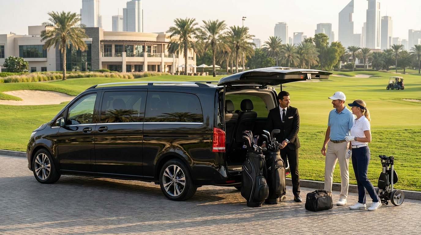 Professional chauffeur assisting golfers with golf bags beside a luxury vehicle at a Dubai golf course