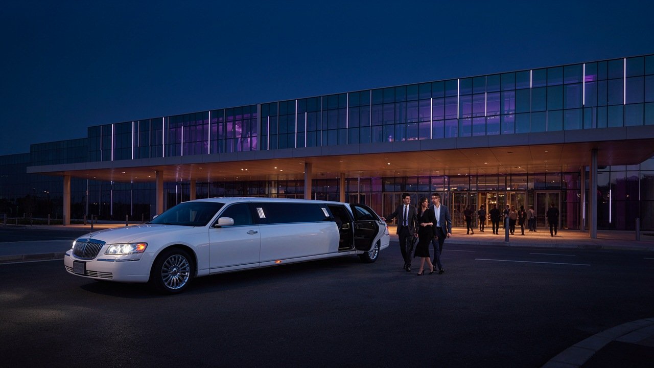 White stretch limousine outside a Dubai concert venue for live-event pickup and drop-off