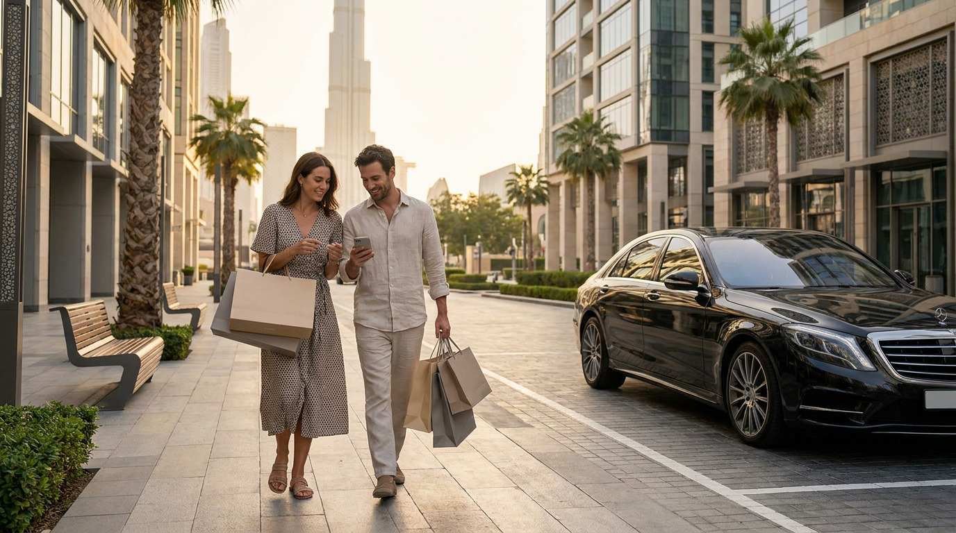 Shoppers carrying bags near a chauffeur-driven car in Downtown Dubai