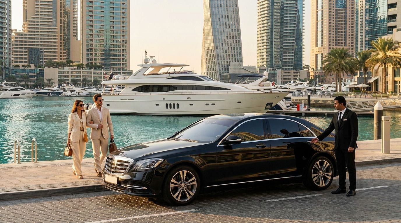 Luxury chauffeur-driven Mercedes-Benz S-Class for yacht pickup and drop-off at Dubai Marina