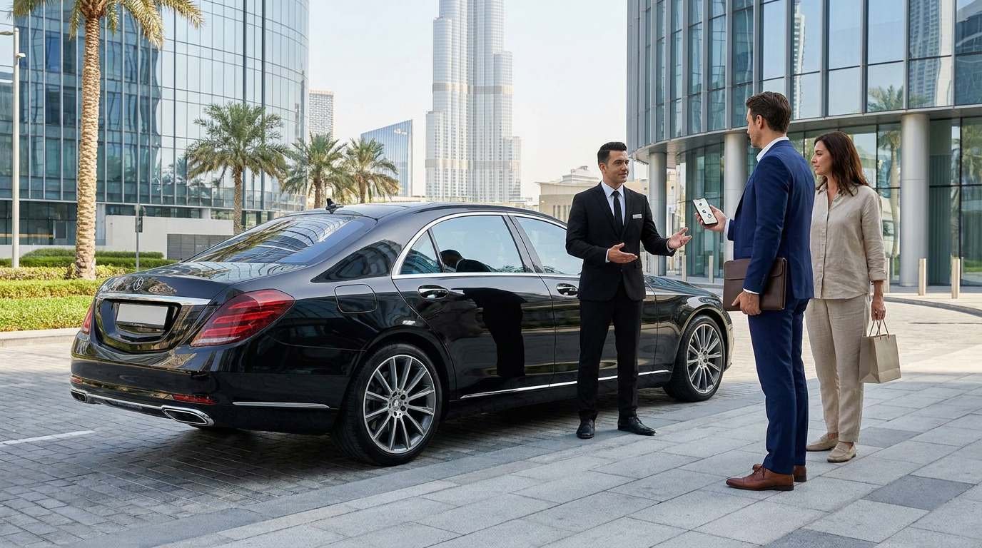 Professional chauffeur with luxury black sedan for multiple-stop travel in Downtown Dubai