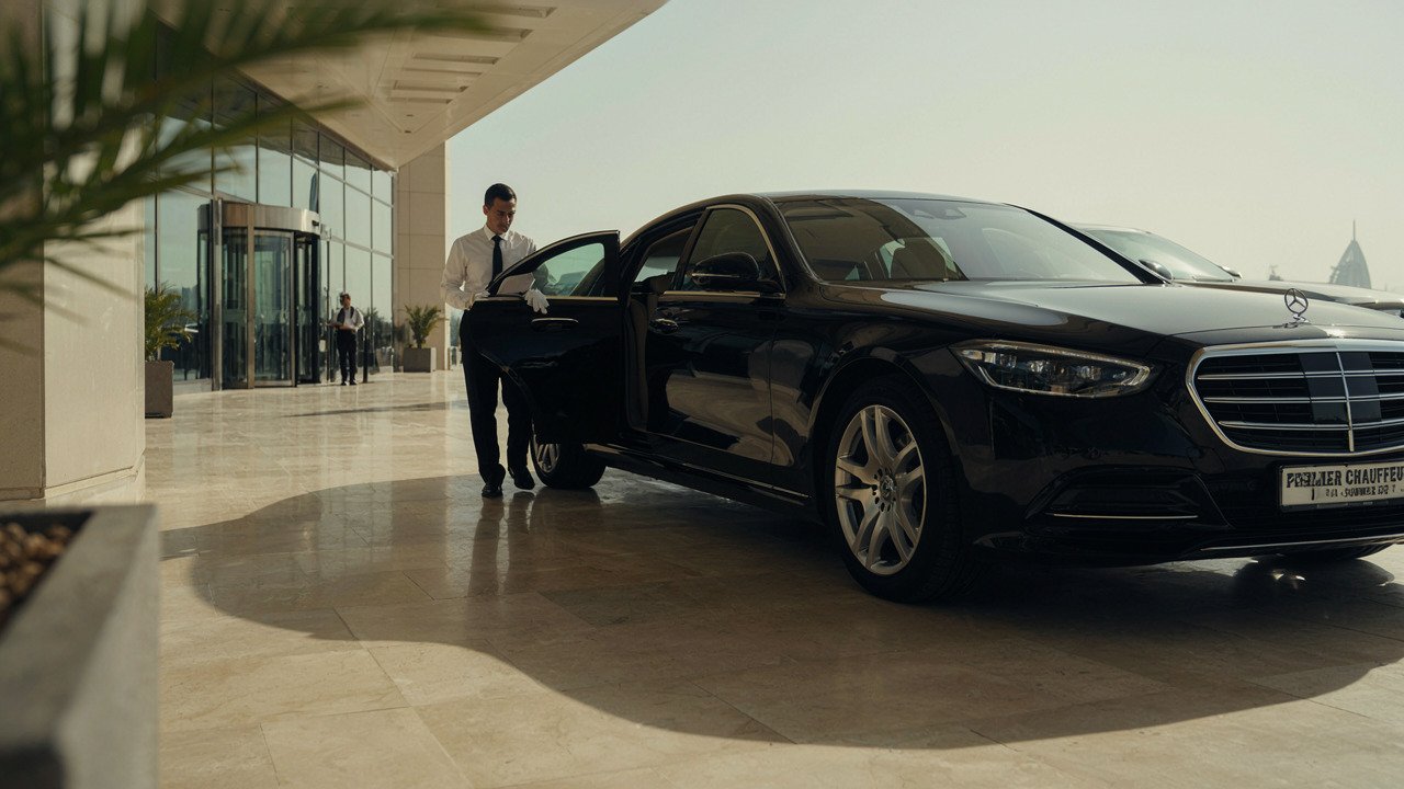 Chauffeur welcoming passengers into a black luxury car at a shaded Dubai hotel entrance during summer