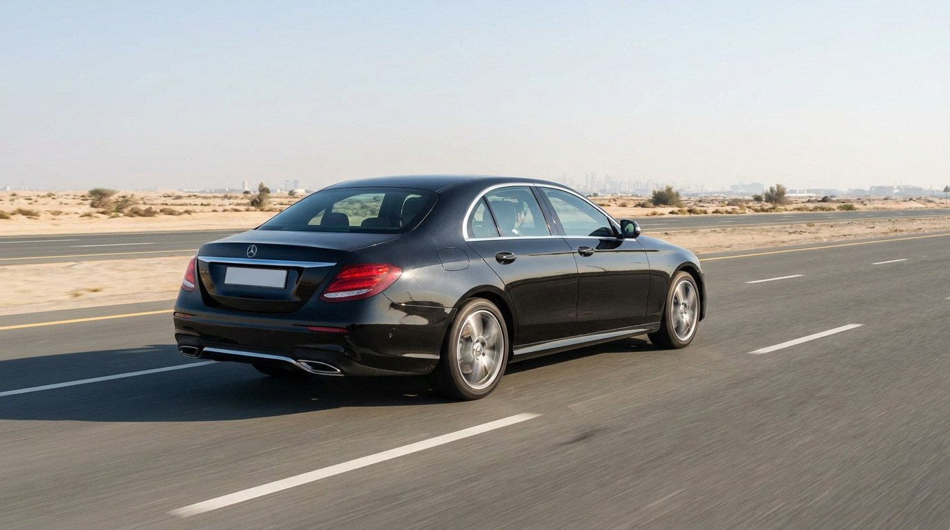 Black executive sedan travelling on the highway from Dubai to Abu Dhabi