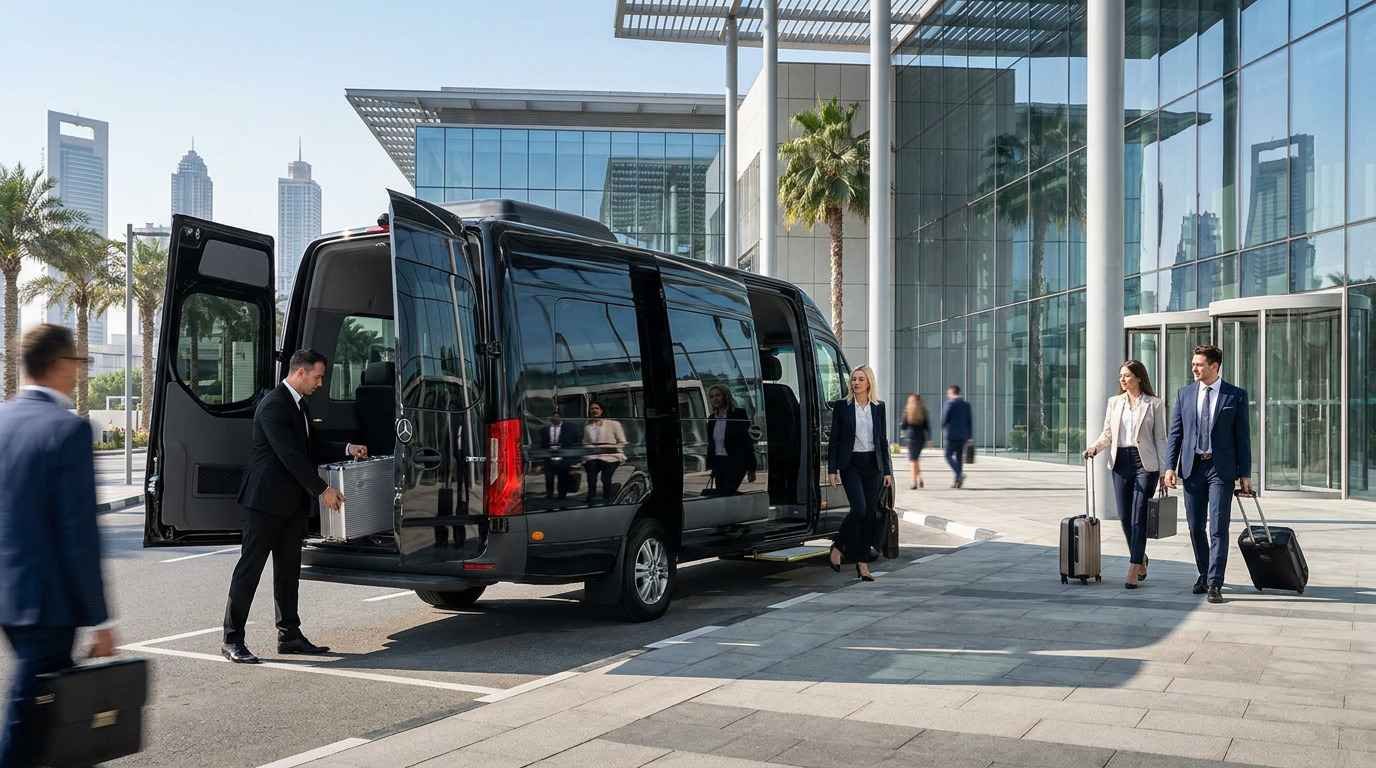Professional trade show exhibitors arriving at a Dubai exhibition centre in a black Mercedes-Benz Sprinter with a chauffeur and business luggage.