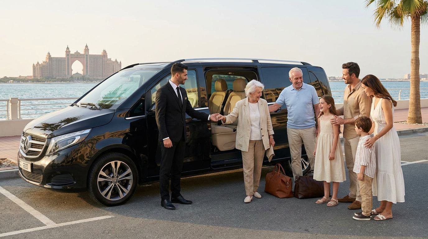 Multigenerational family with grandparents, parents and children beside a luxury Mercedes-Benz V-Class with a professional chauffeur in Dubai.