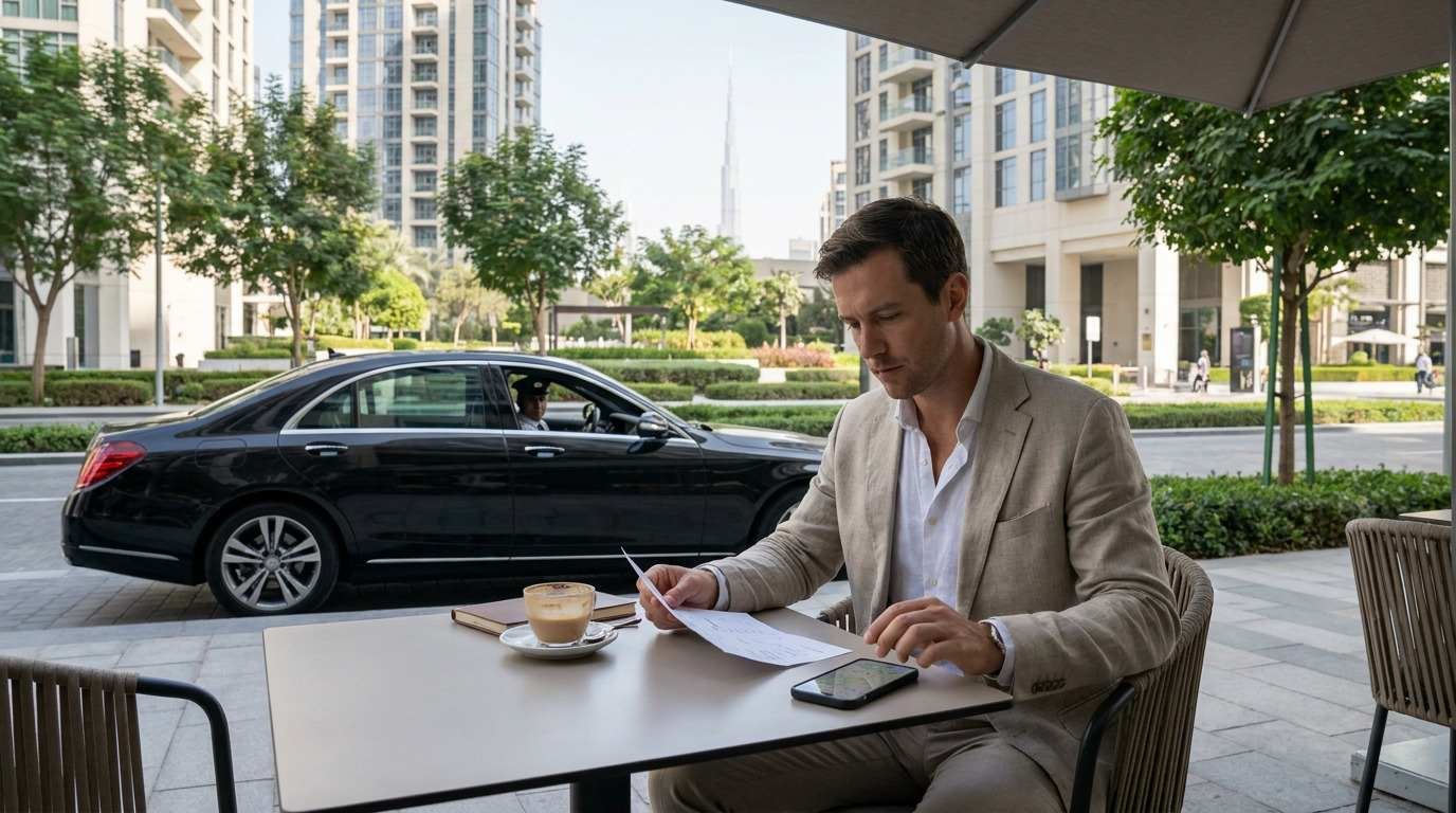 Traveller reviewing a daily itinerary beside a chauffeur-driven car in Dubai
