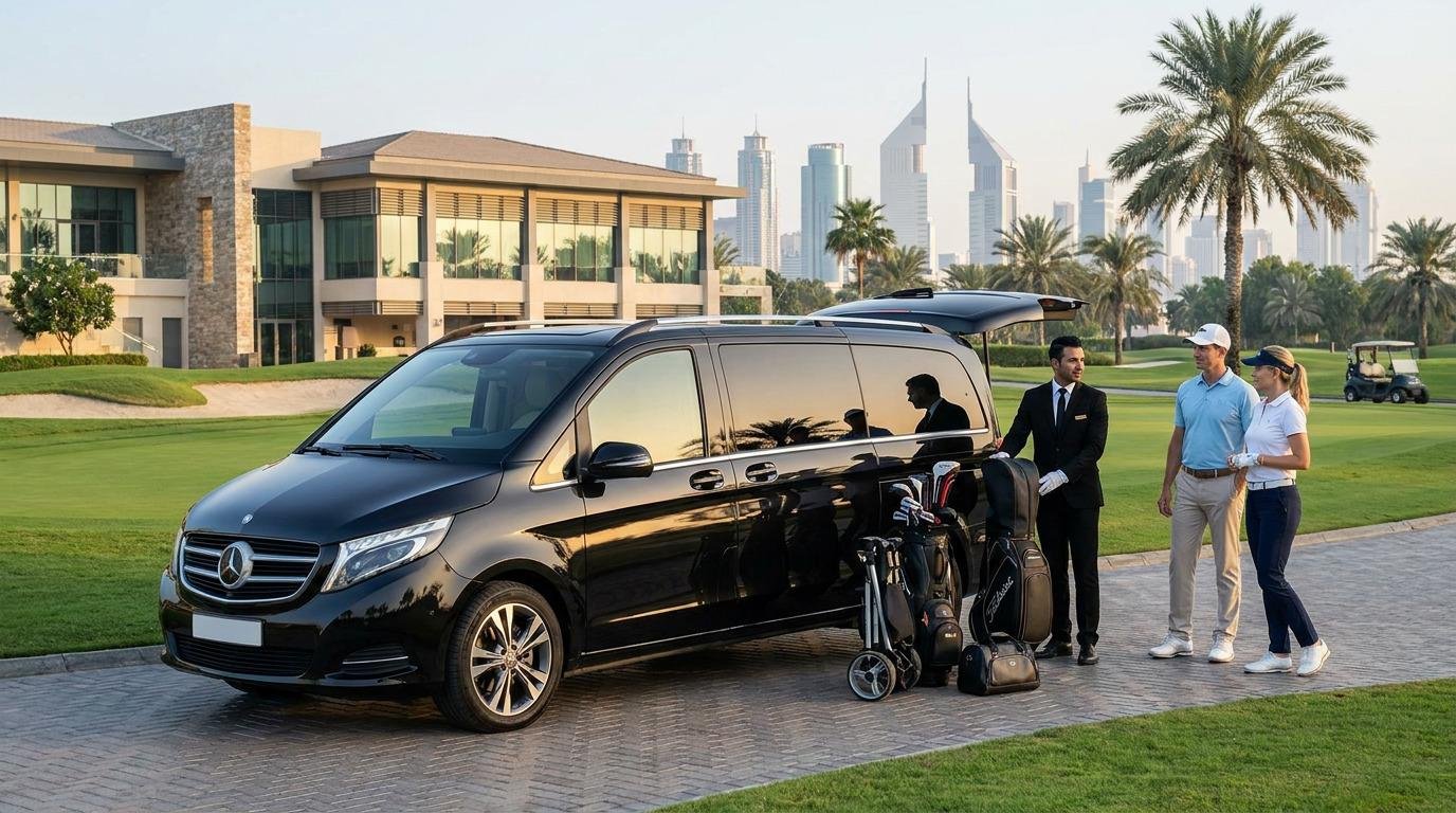 Chauffeur loading golf bags into a black luxury van outside a Dubai golf clubhouse
