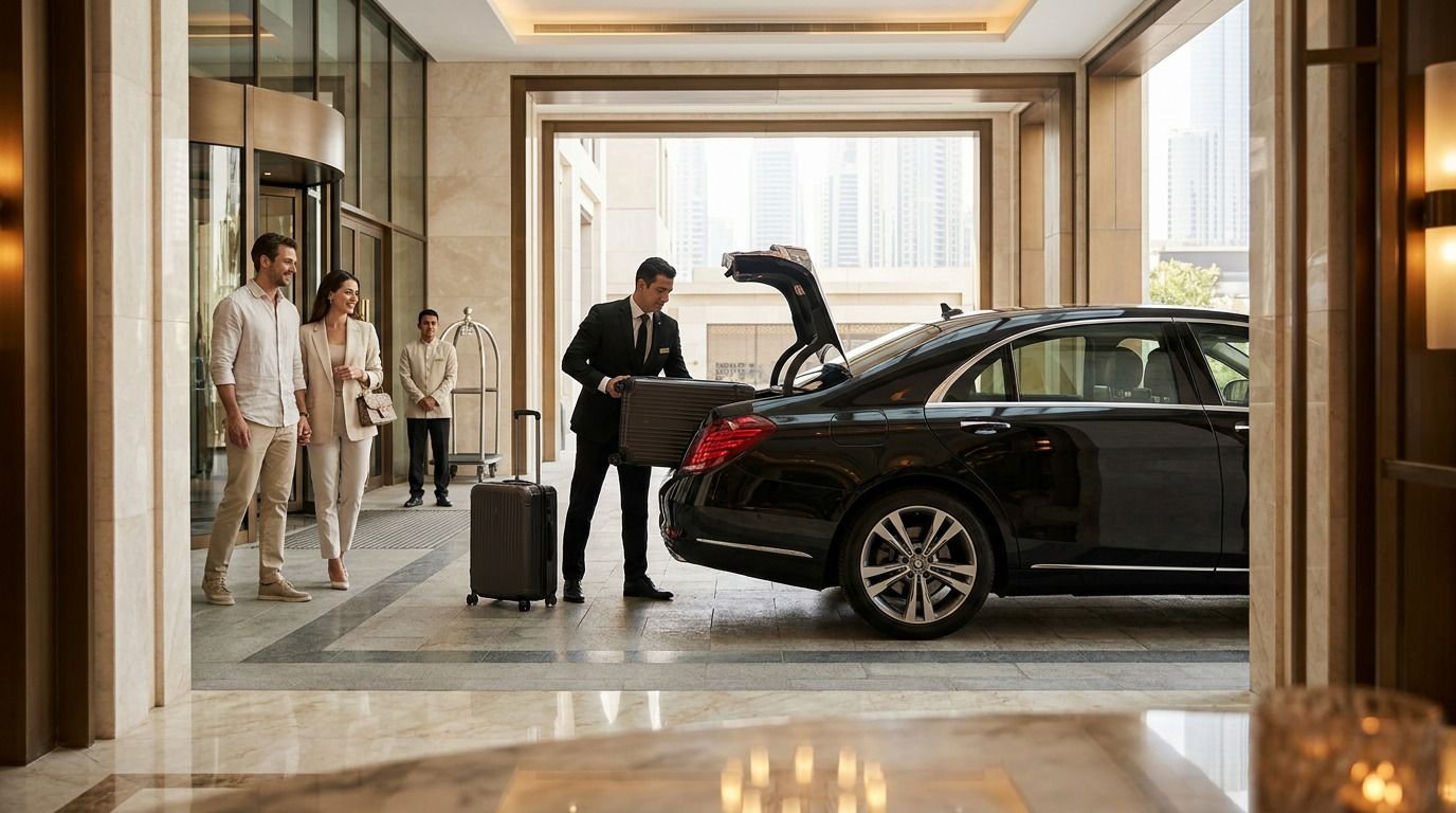 Private chauffeur loading suitcases into a black Mercedes-Benz S-Class during a hotel-to-hotel transfer at a luxury Dubai hotel.