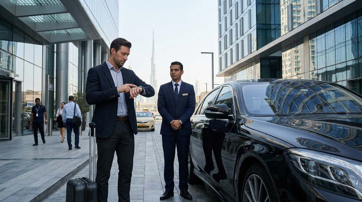 Business traveller planning multiple Dubai stops with a chauffeur-driven car