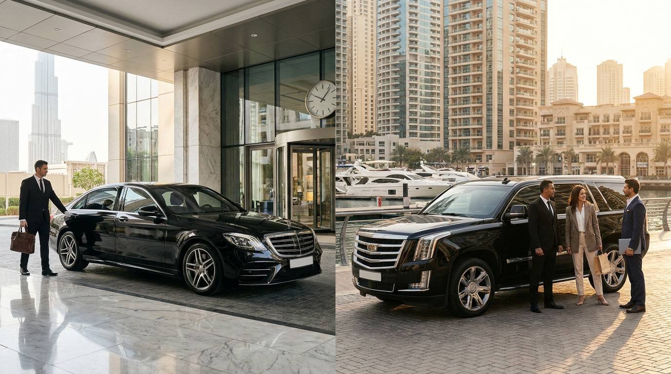 Hourly vs full-day limousine hire in Dubai featuring a luxury Mercedes-Benz S-Class and Cadillac Escalade with professional chauffeurs in Downtown Dubai and Dubai Marina.