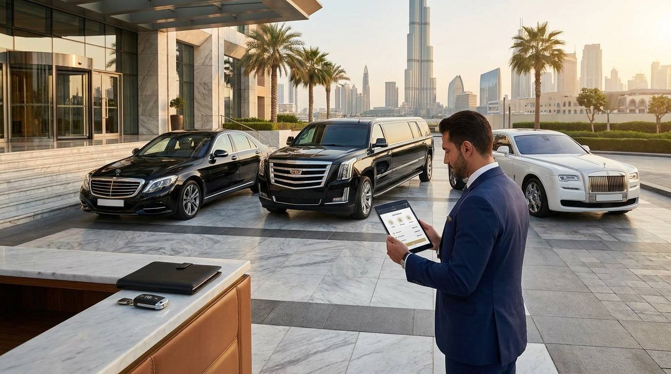 Luxury limousine rental in Dubai featuring a Mercedes-Benz S-Class, Cadillac Escalade stretch limousine, and Rolls-Royce Ghost with a customer reviewing hire costs.