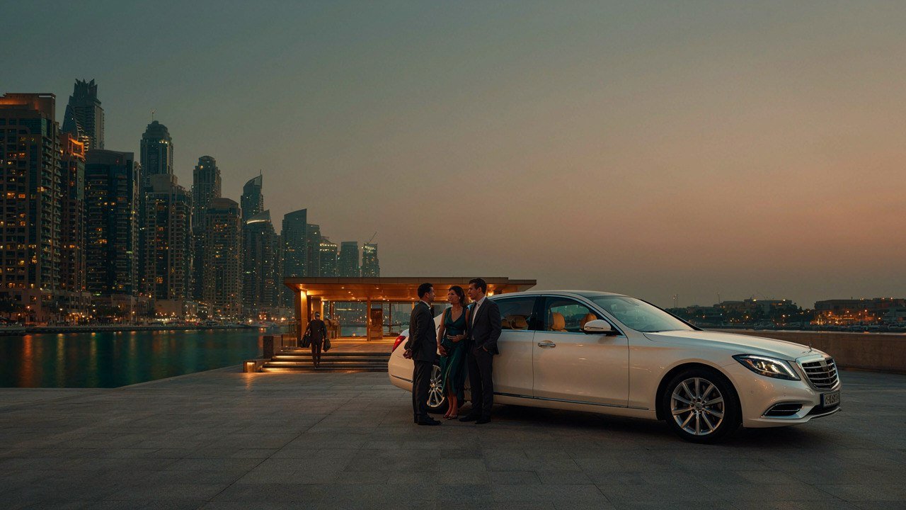 White chauffeur-driven luxury sedan outside a Dubai Marina hotel at dusk