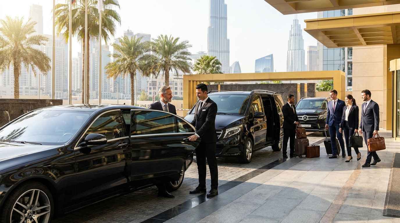 Professional chauffeur transport for international delegations in Dubai featuring luxury black Mercedes-Benz vehicles, VIP executives, and corporate transportation.