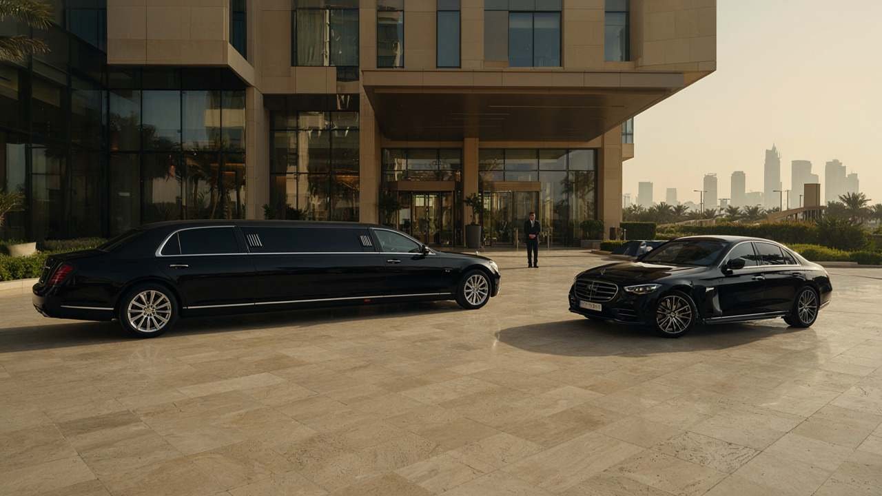 Black stretched limousine and luxury sedan parked outside a hotel in Dubai