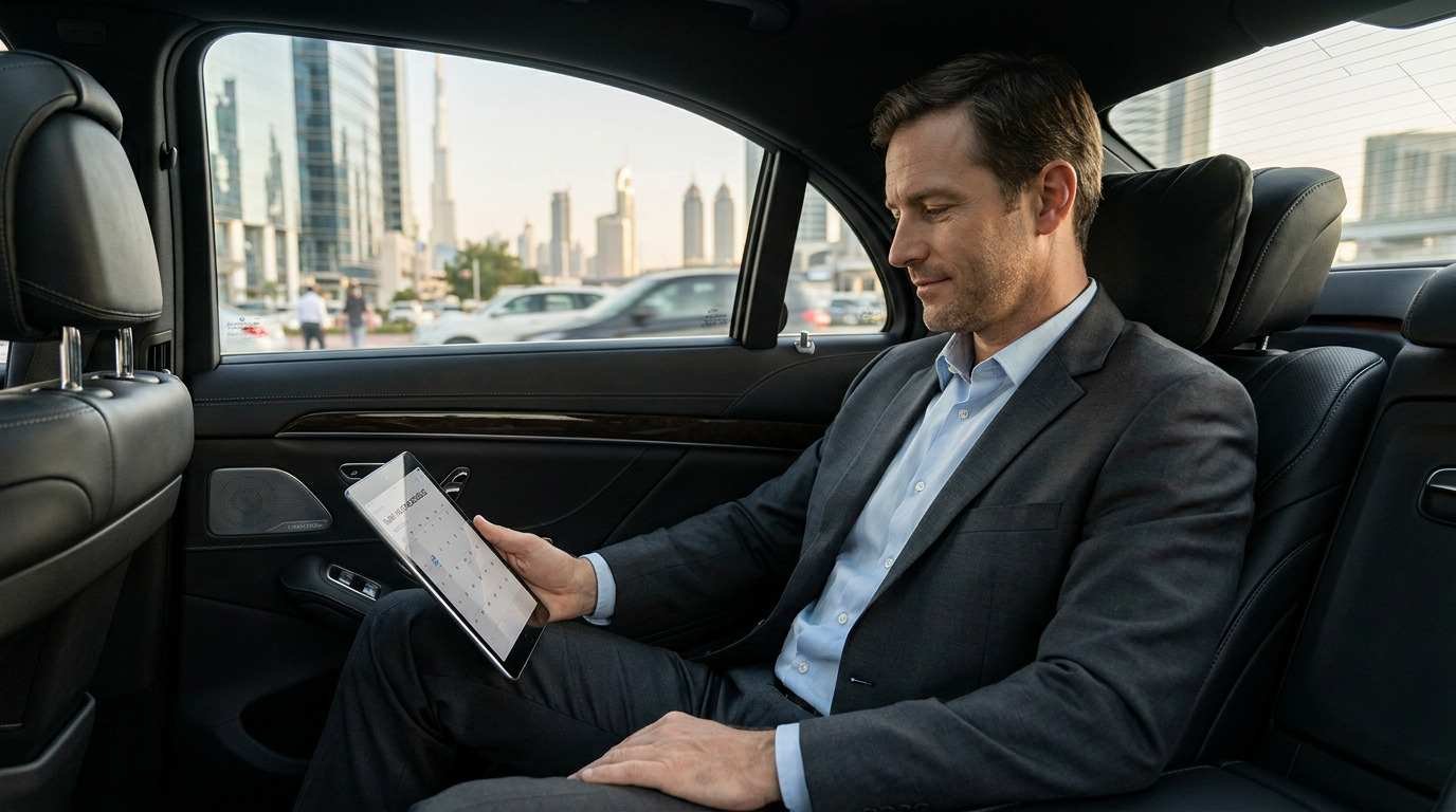 Business traveller seated in the rear cabin of a Mercedes S-Class in Dubai
