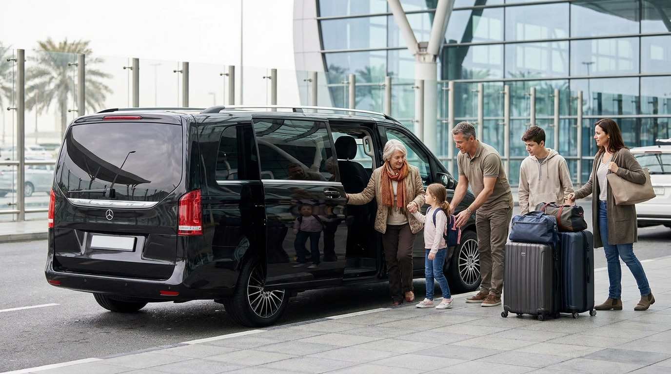 Family with luggage beside a Mercedes-Benz V-Class at a Dubai airport