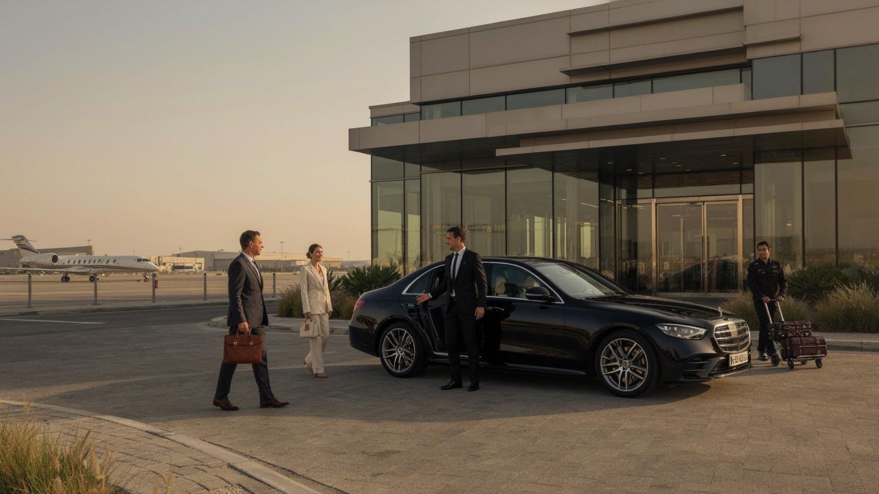 Luxury chauffeur-driven Mercedes-Benz welcoming private jet passengers outside a Dubai FBO terminal