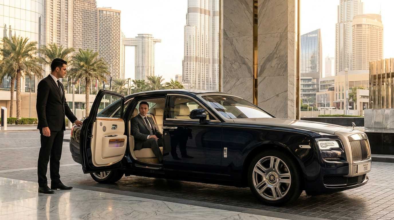 Luxury Rolls-Royce Ghost parked outside a five-star hotel in Downtown Dubai, with a professional chauffeur opening the rear door for a VIP passenger.