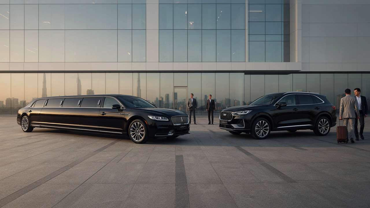 Stretch limousine and luxury SUV compared for chauffeur-driven group travel in Dubai Copy alt text