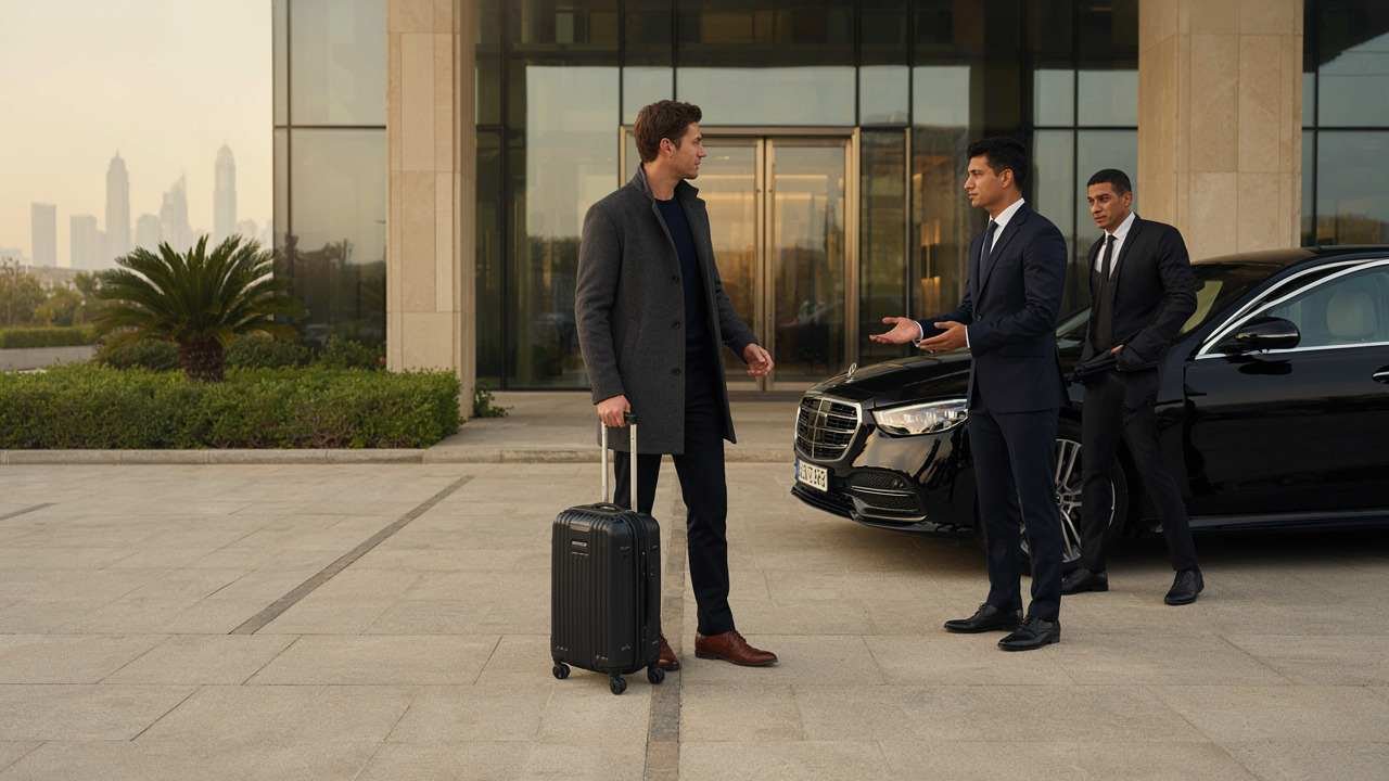 UK traveller meeting a professional chauffeur beside a black luxury sedan in Dubai