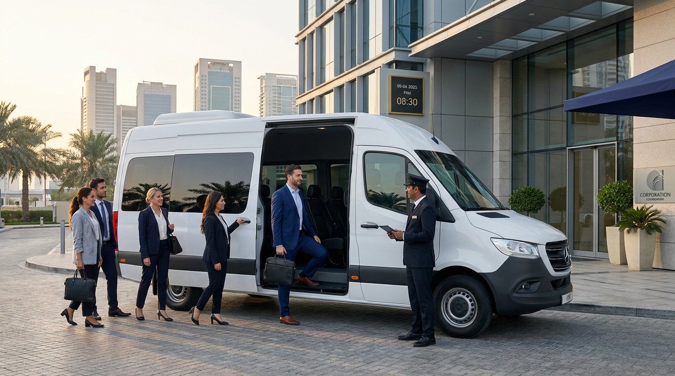 Passenger van transporting employees outside a modern Dubai office building