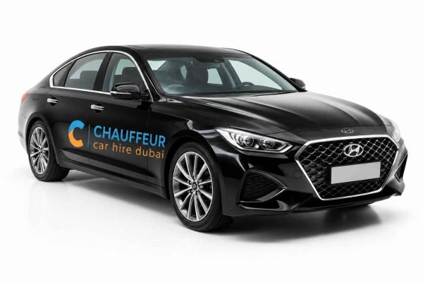 black Hyundai Genesis 2026 chauffeur car hire dubai