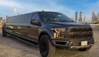 rent black Ford Raptor Stretch Limousine with chauffeur car hire dubai
